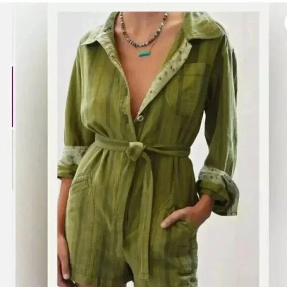 Pilcro Linen Belted Romper Jumpsuit Moss Green Stripe Size XXS NWT Anthropologie - Picture 1 of 7